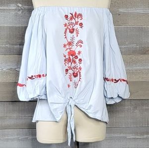 Zara Off-Shoulder Embroidery Details Balloon Sleeves Front Tie Blouse